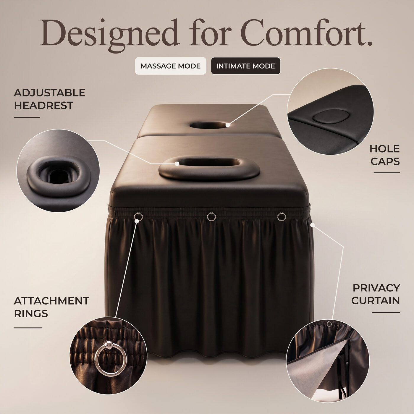 Designed for comfort — adjustable headrest, hole caps, attachment rings, privacy curtain